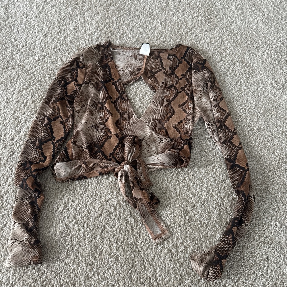 Windsor Brown Snake Print Tie-Front Long Sleeve Crop Top